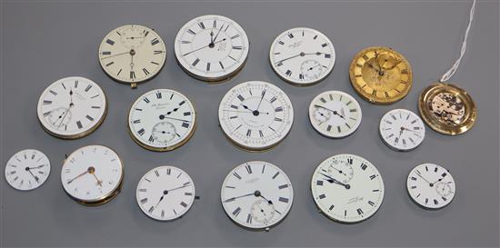 Sixteen pocket watch movements, verge movement etc